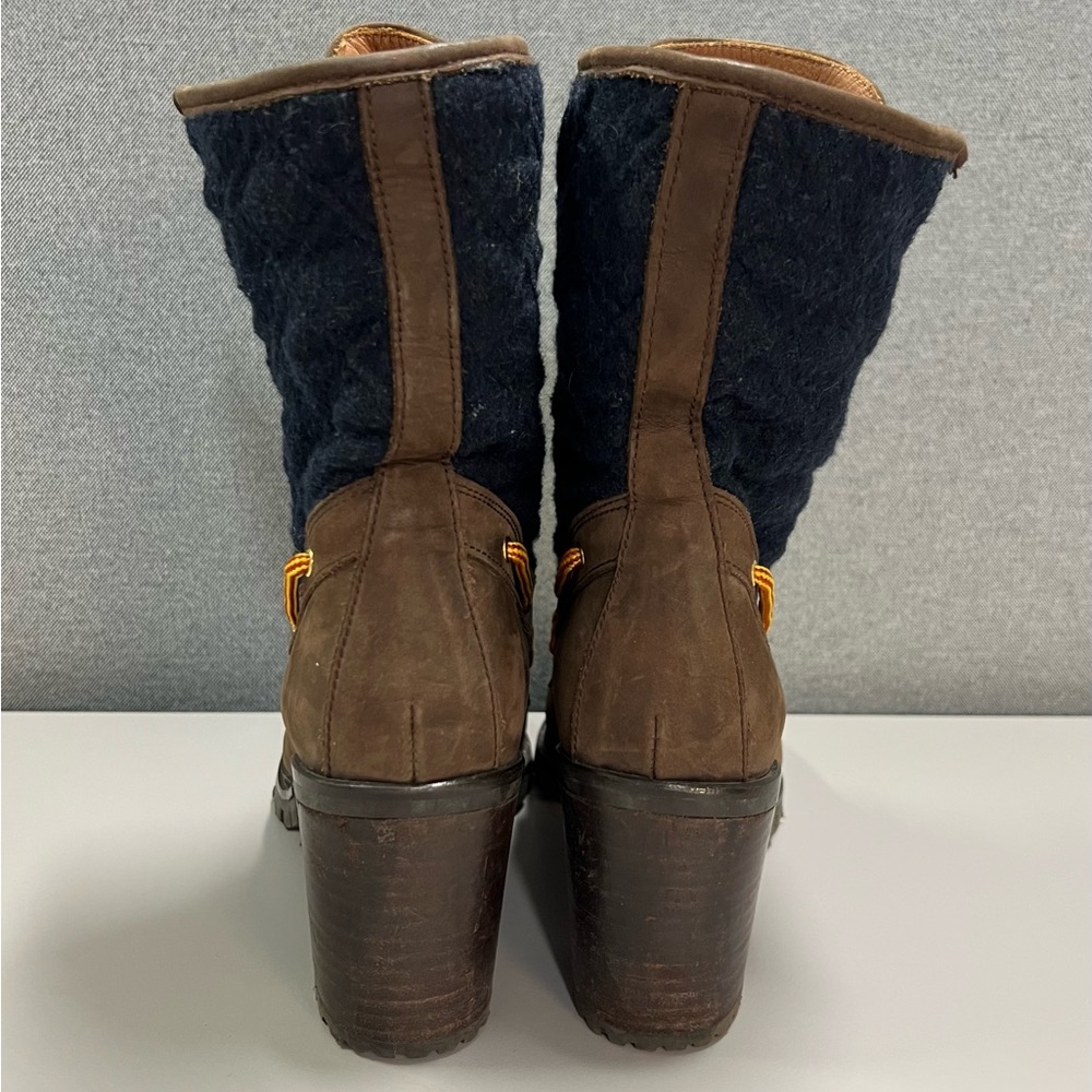 Hunter Henson Boots Navy Quilted Brown Oiled Leather Heeled Size 38 - Picture 6 of 14